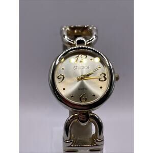 Studio Time Womens Gold Tone Quartz Cuff Bangle Watch New Battery Works